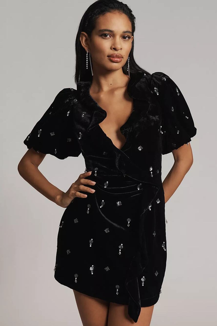 NWT Anthropologie Maeve Short-Sleeve Embellished Velvet Mini Dress $228 SIZE 6